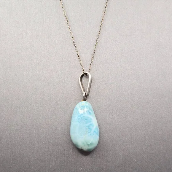 VTG Sterling Silver Larimar Pendant Necklace 18" Teardrop Signed F 6.79g - Picture 1 of 15